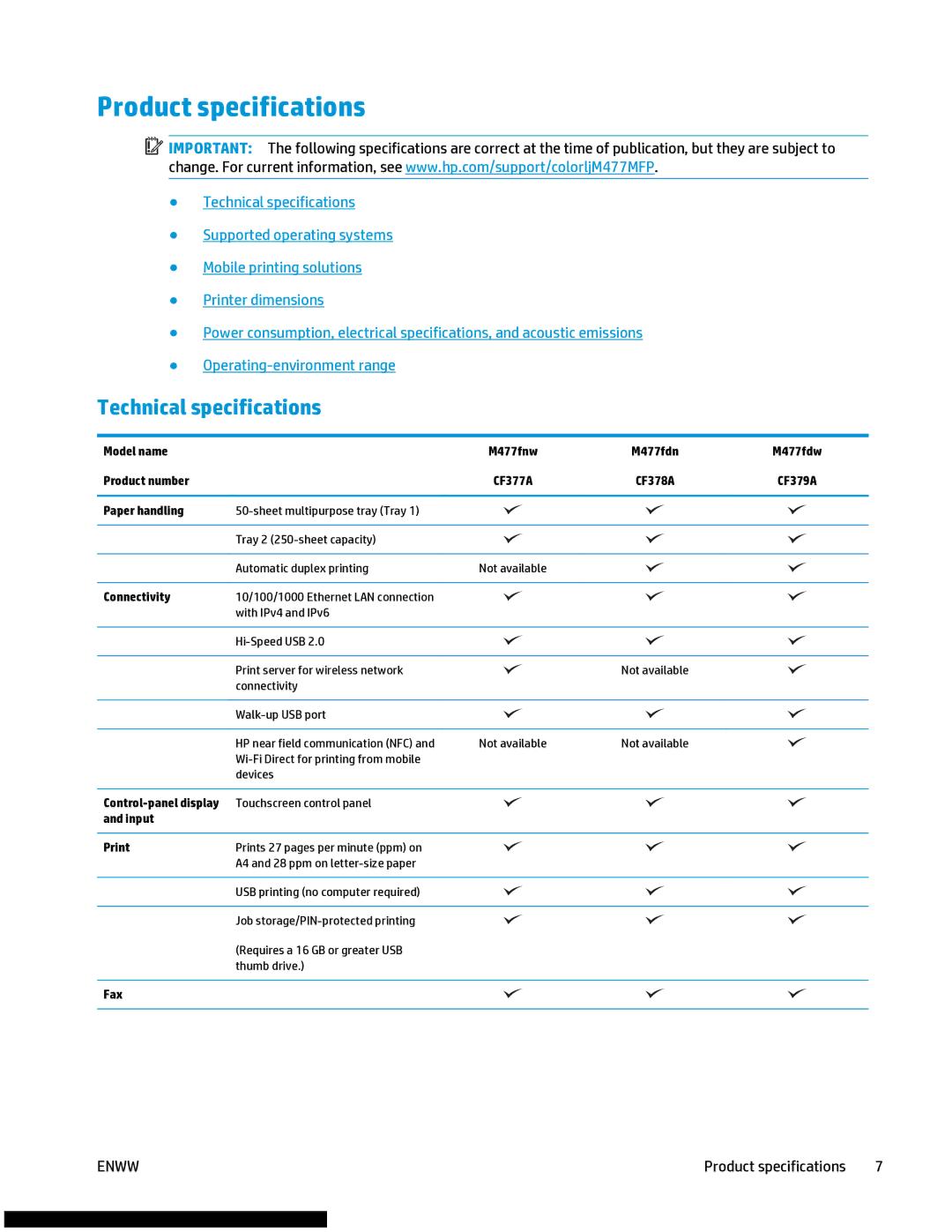 HP M477fnw manual Product specifications, Technical specifications 