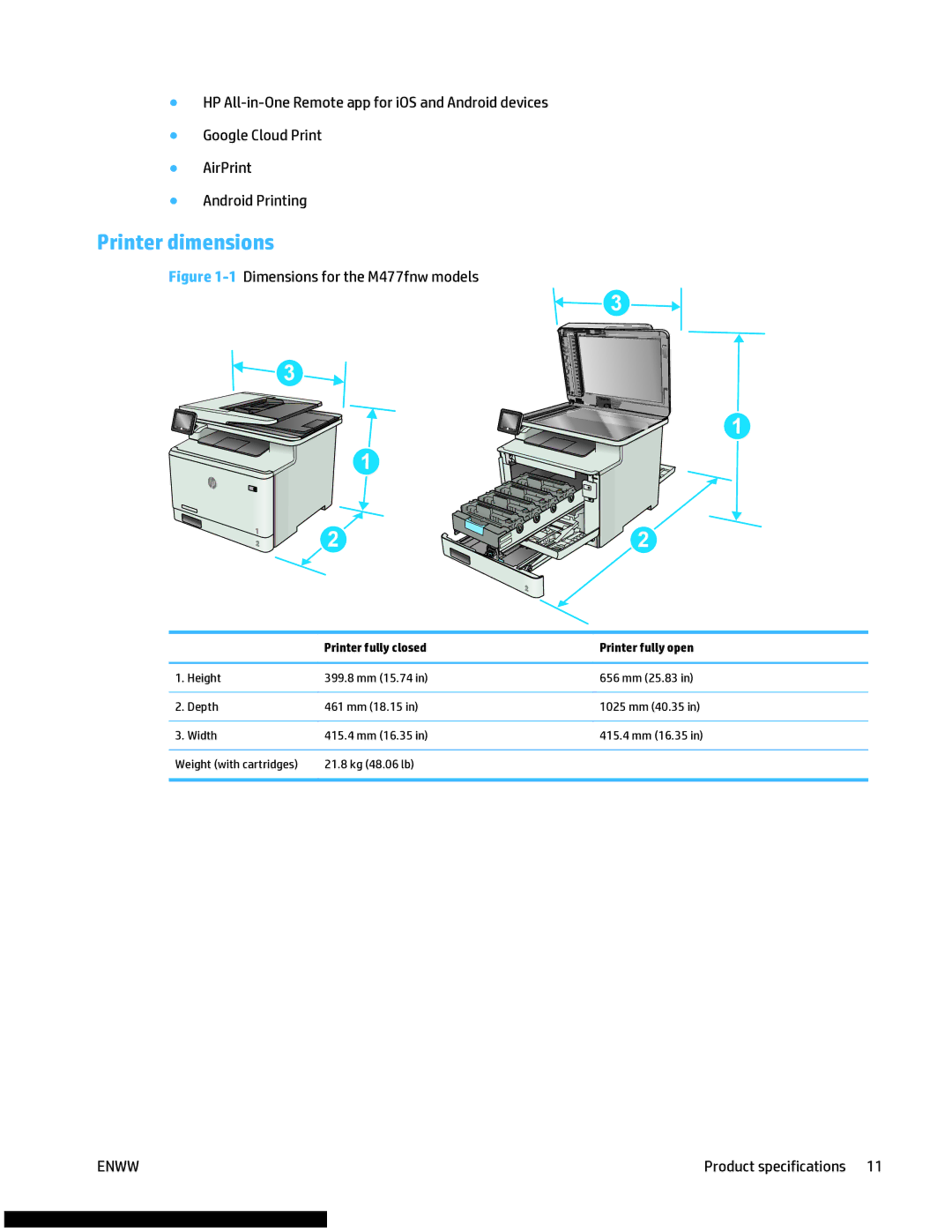 HP M477fnw manual Printer dimensions, Printer fully closed Printer fully open 