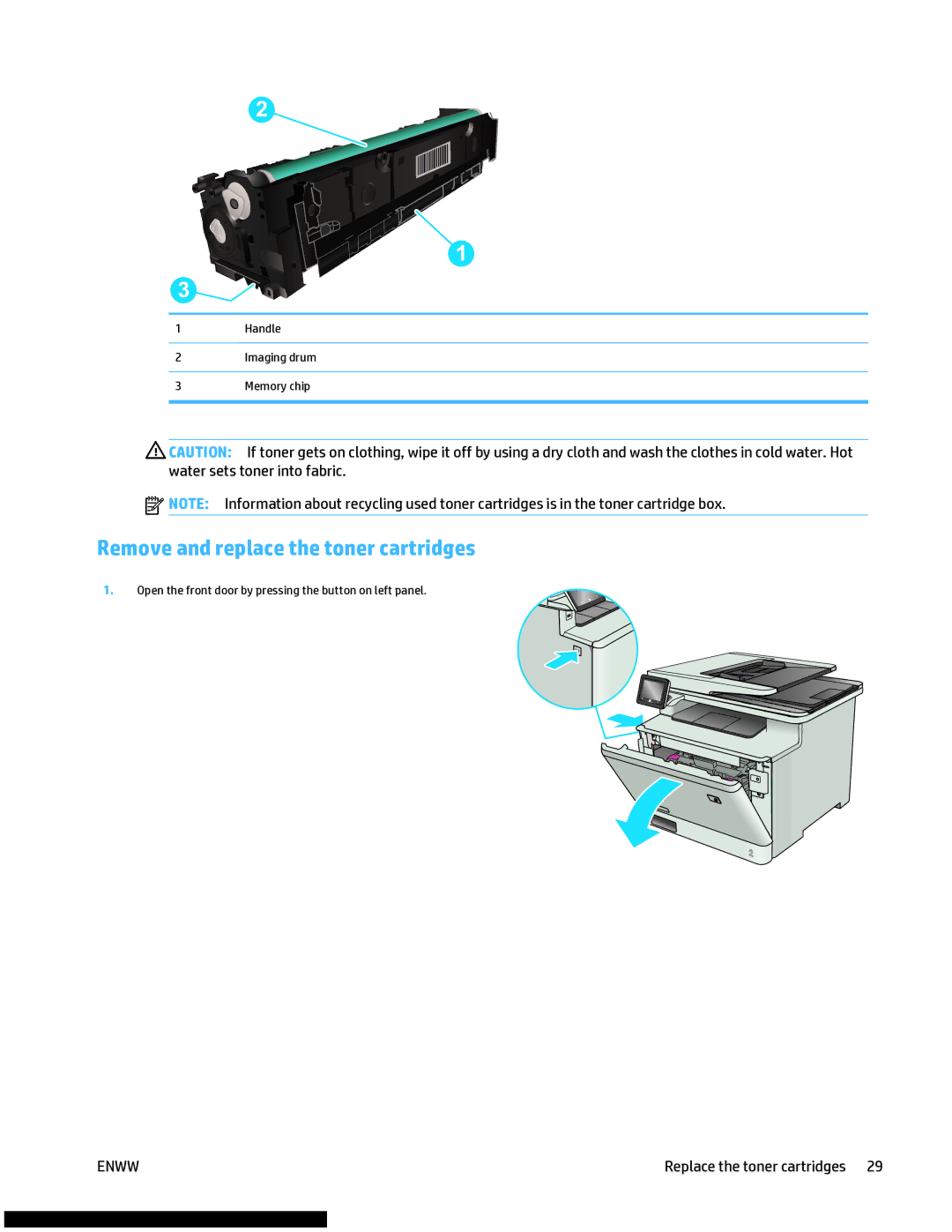 HP M477fnw manual Remove and replace the toner cartridges, Replace the toner cartridges 