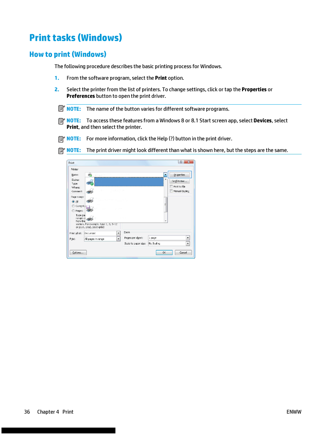 HP M477fnw manual Print tasks Windows, How to print Windows 