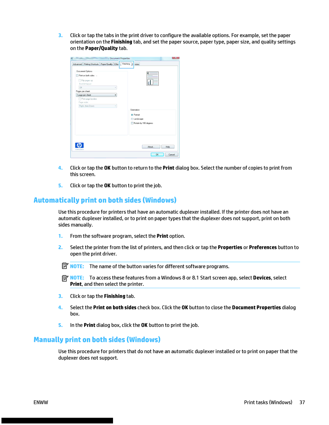 HP M477fnw manual Automatically print on both sides Windows, Manually print on both sides Windows 