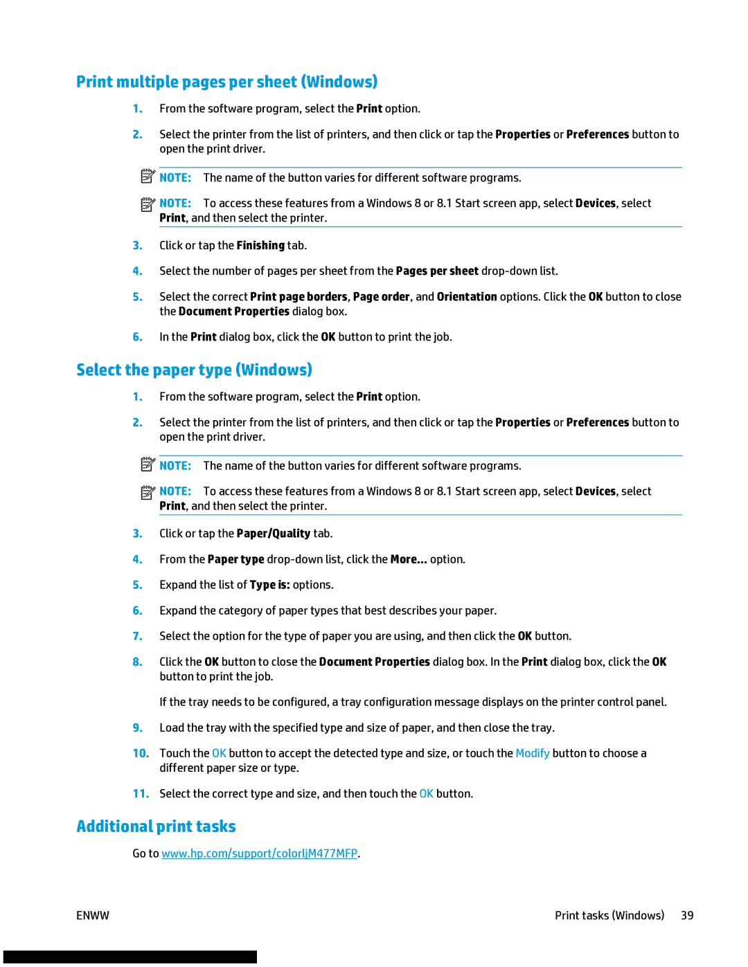 HP M477fnw manual Print multiple pages per sheet Windows, Select the paper type Windows, Additional print tasks 