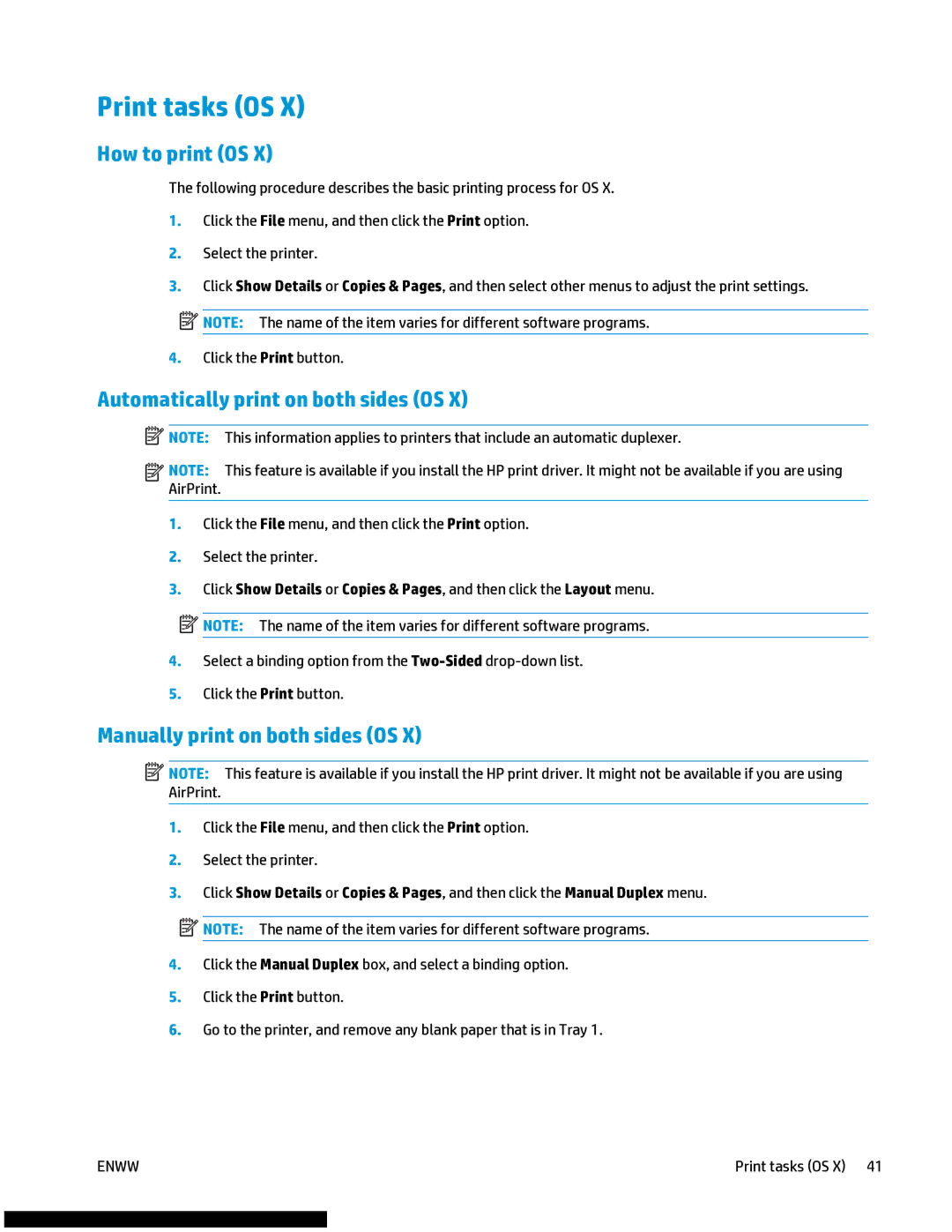 HP M477fnw manual Print tasks OS, How to print OS, Automatically print on both sides OS, Manually print on both sides OS 