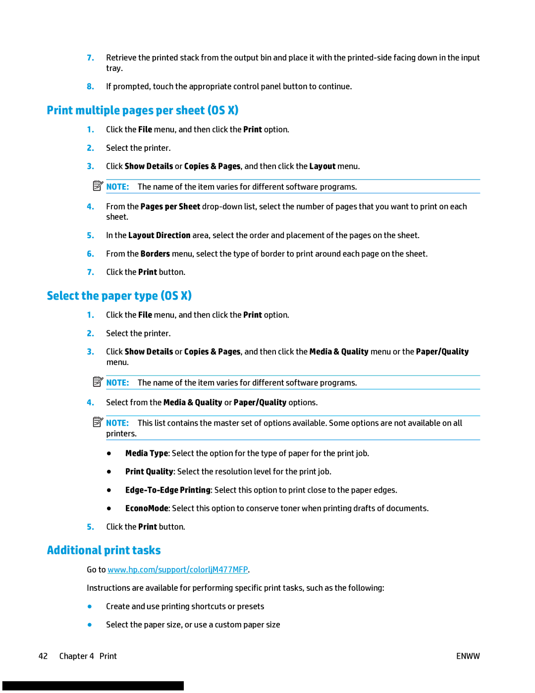 HP M477fnw manual Print multiple pages per sheet OS, Select the paper type OS 