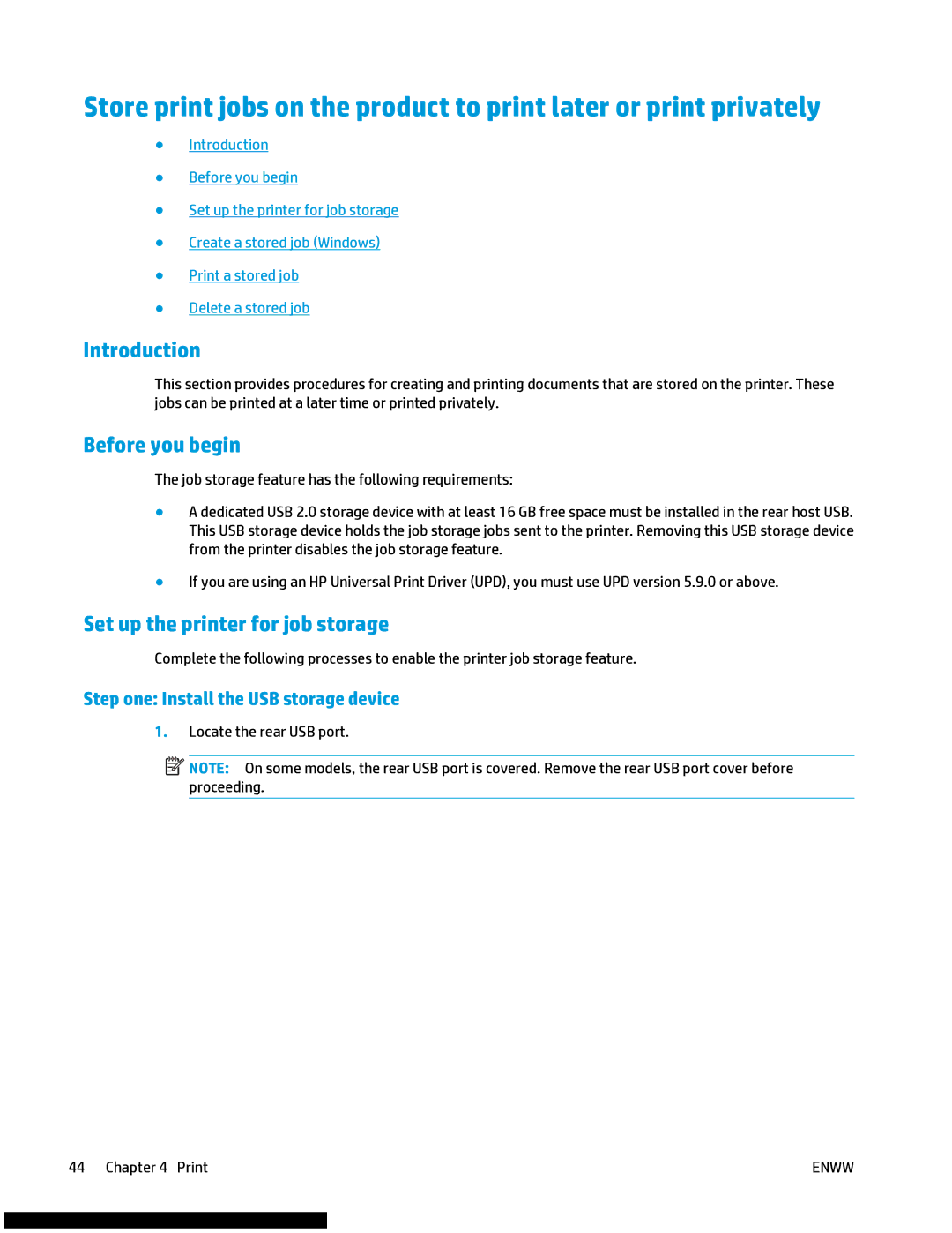 HP M477fnw manual Before you begin, Set up the printer for job storage, Step one Install the USB storage device 