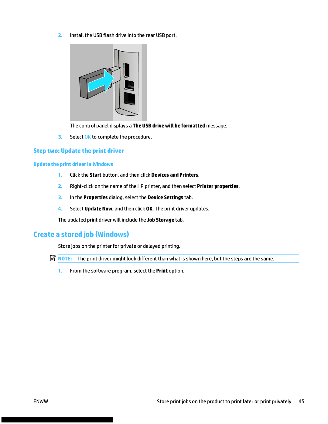 HP M477fnw manual Create a stored job Windows, Step two Update the print driver 