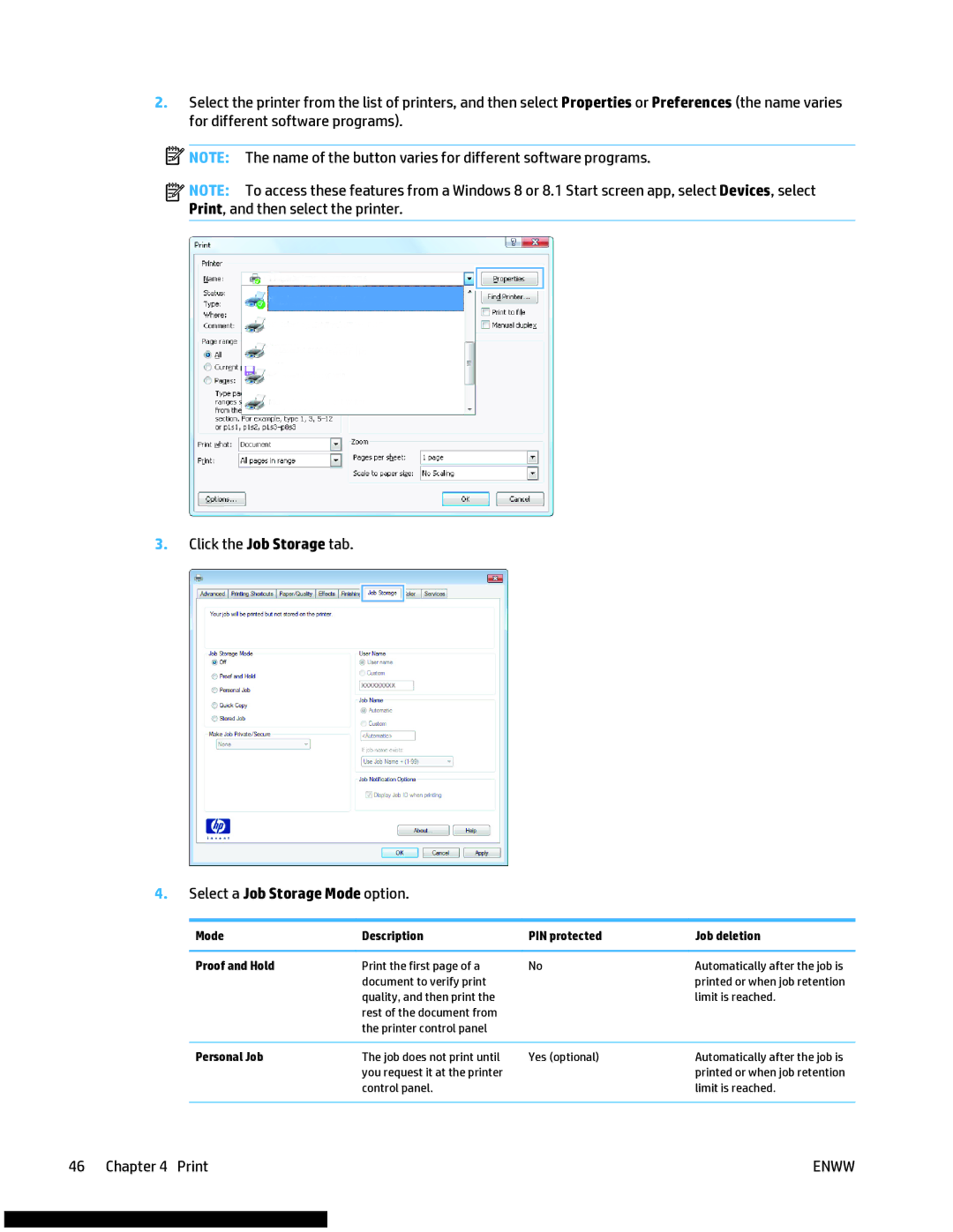 HP M477fnw manual Mode Description PIN protected Job deletion Proof and Hold, Personal Job 