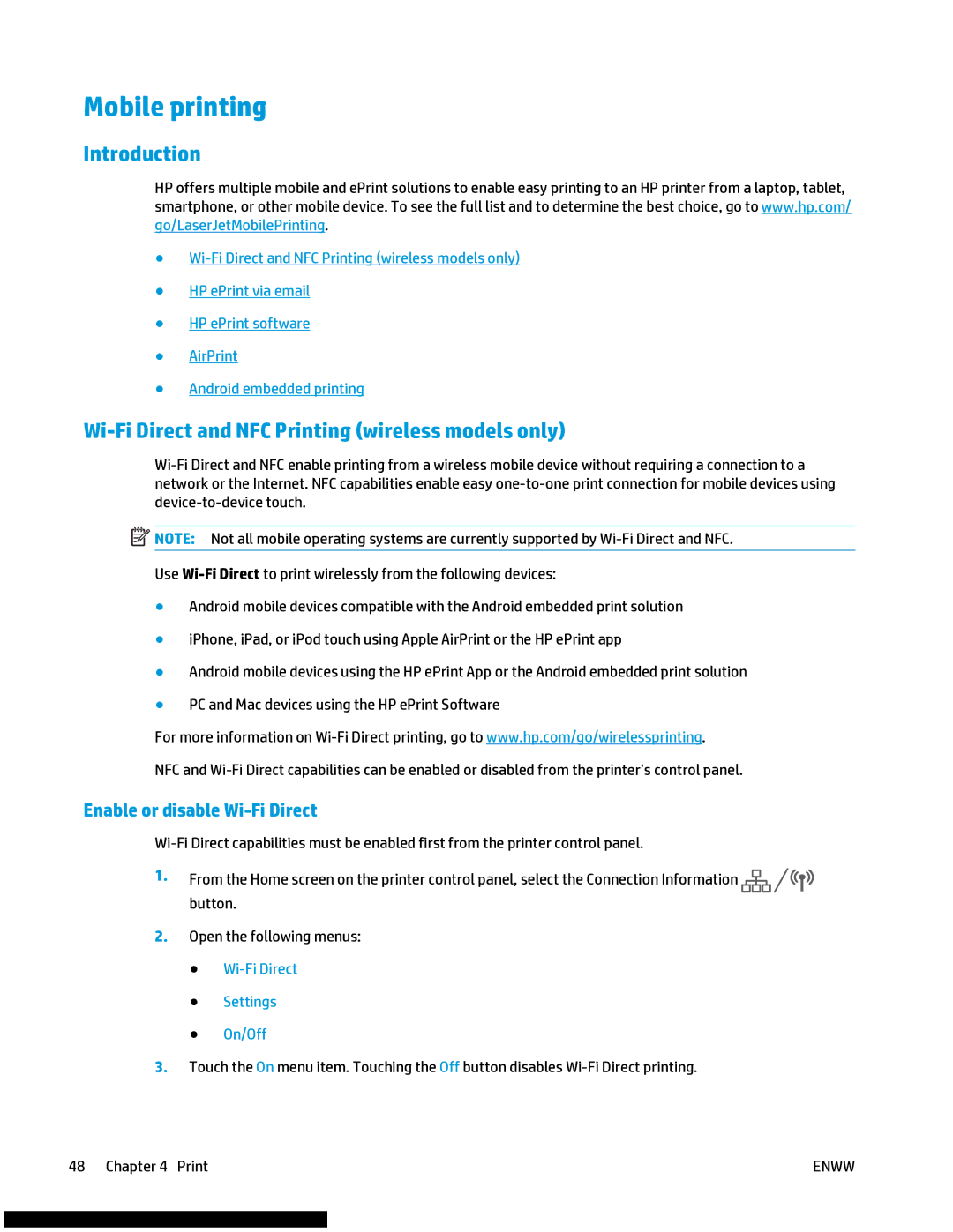 HP M477fnw manual Mobile printing, Wi-Fi Direct and NFC Printing wireless models only, Enable or disable Wi-Fi Direct 