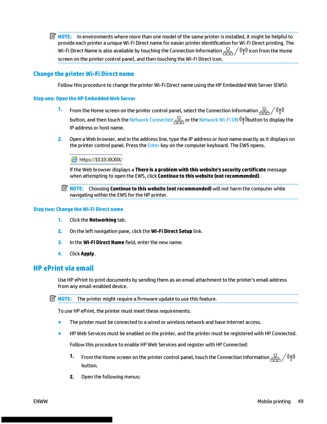 HP M477fnw manual HP ePrint via email, Change the printer Wi-Fi Direct name 