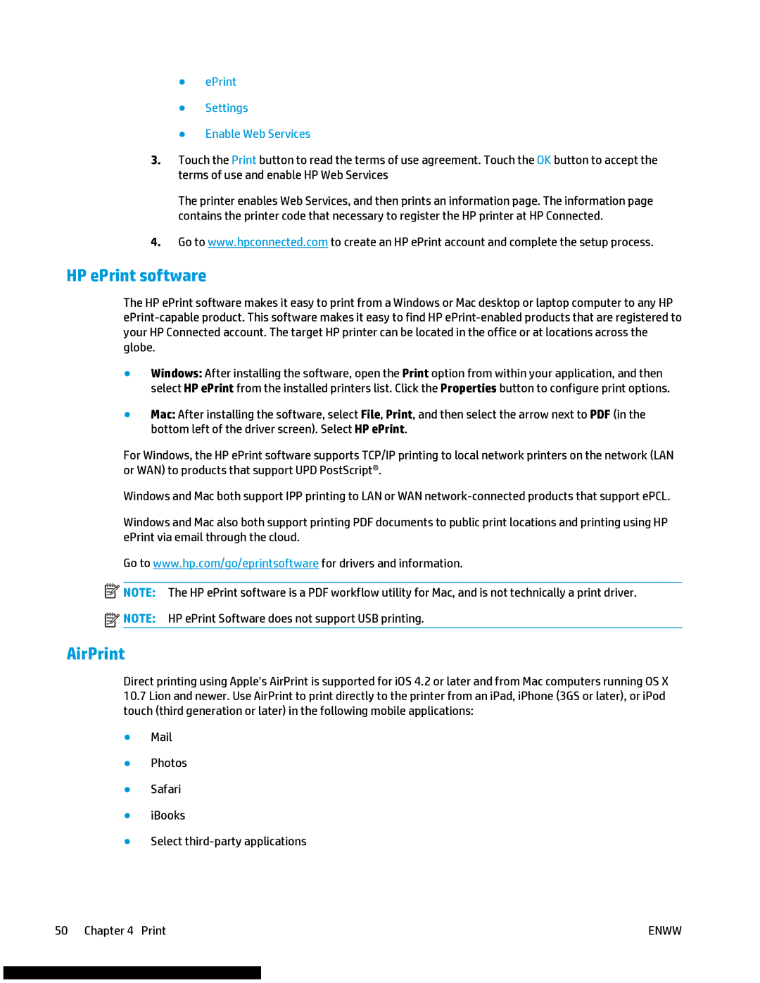 HP M477fnw manual HP ePrint software, AirPrint, EPrint Settings Enable Web Services 