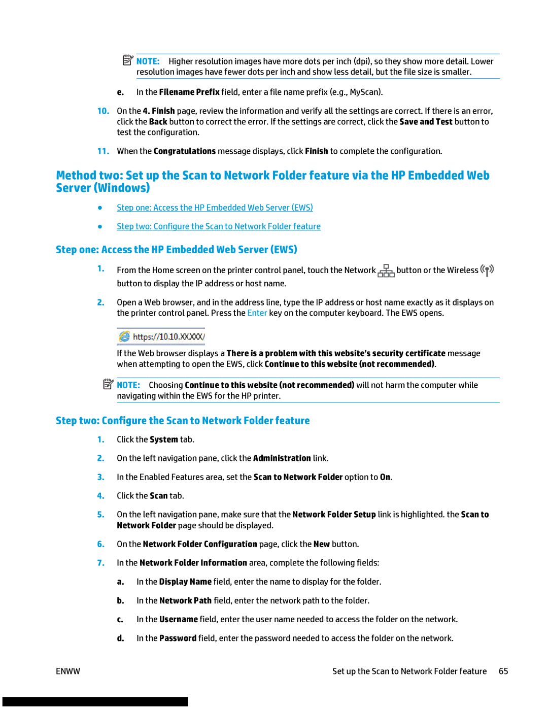 HP M477fnw manual Step one Access the HP Embedded Web Server EWS, Step two Configure the Scan to Network Folder feature 