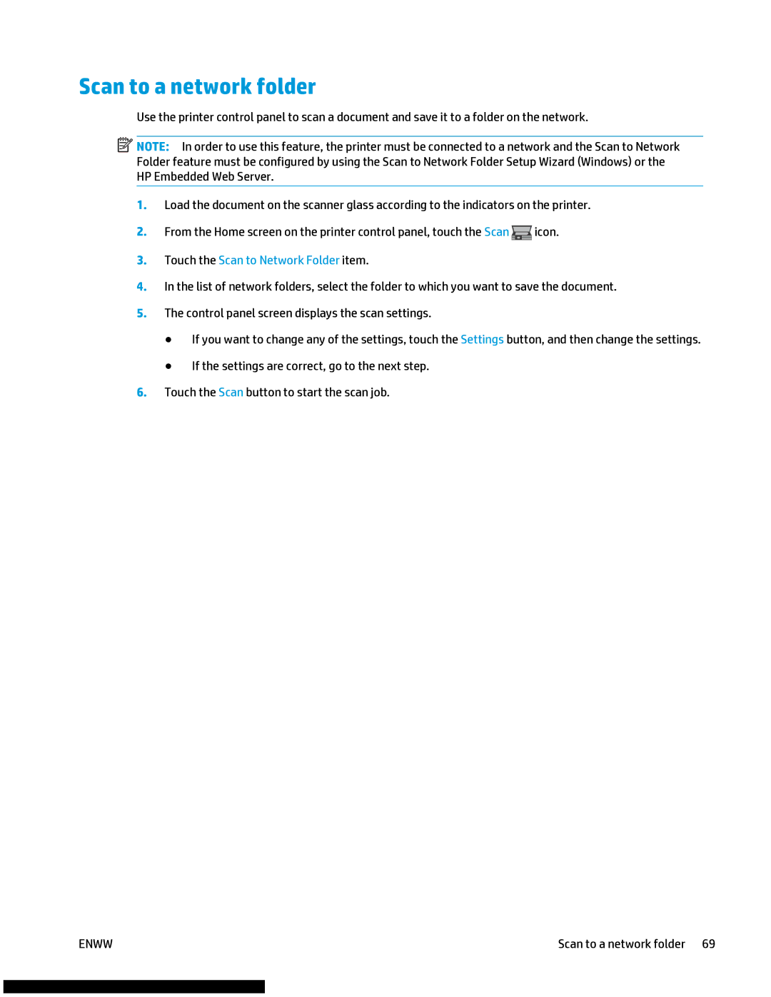 HP M477fnw manual Scan to a network folder, Touch the Scan to Network Folder item 