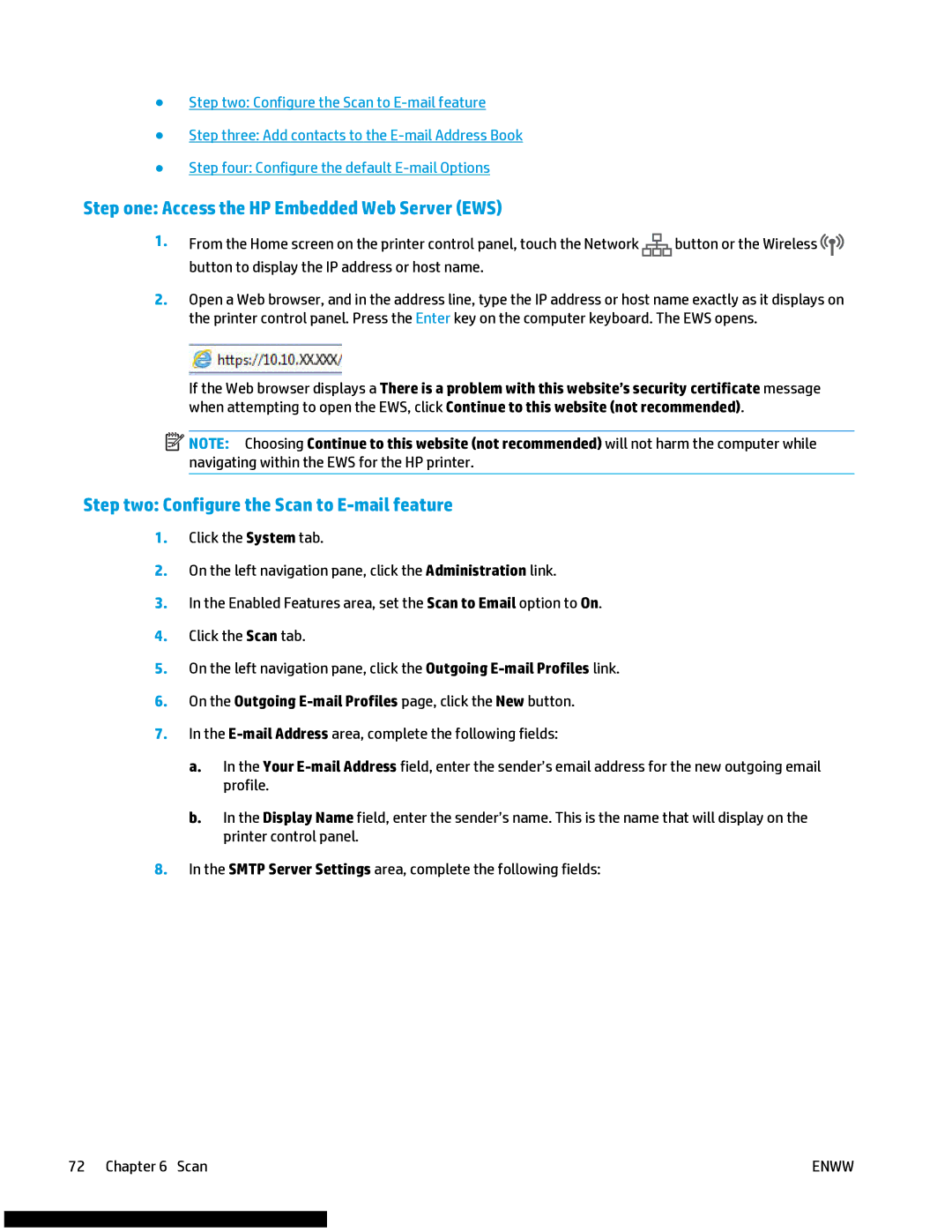 HP M477fnw manual Step one Access the HP Embedded Web Server EWS, Step two Configure the Scan to E-mail feature 