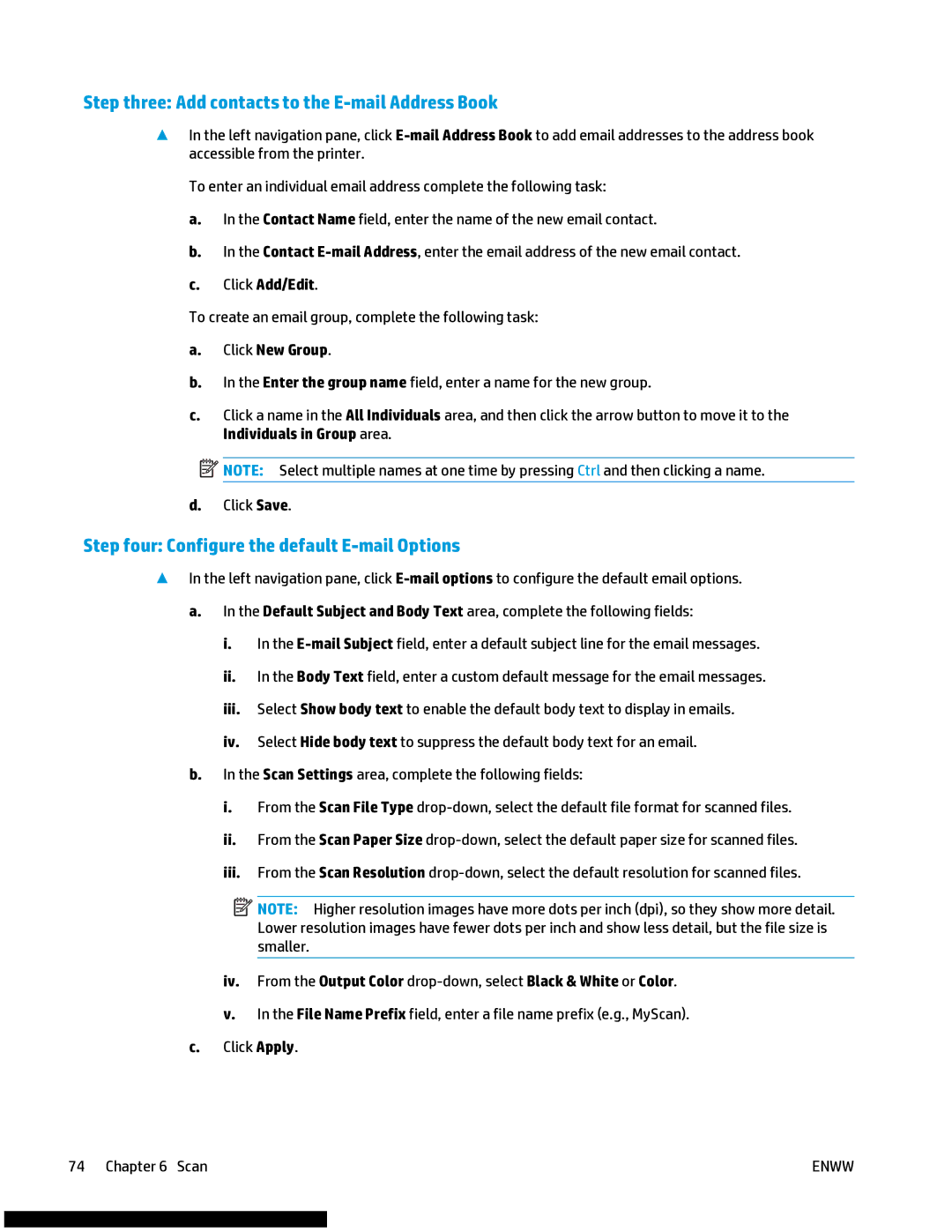 HP M477fnw manual Step three Add contacts to the E-mail Address Book, Step four Configure the default E-mail Options 