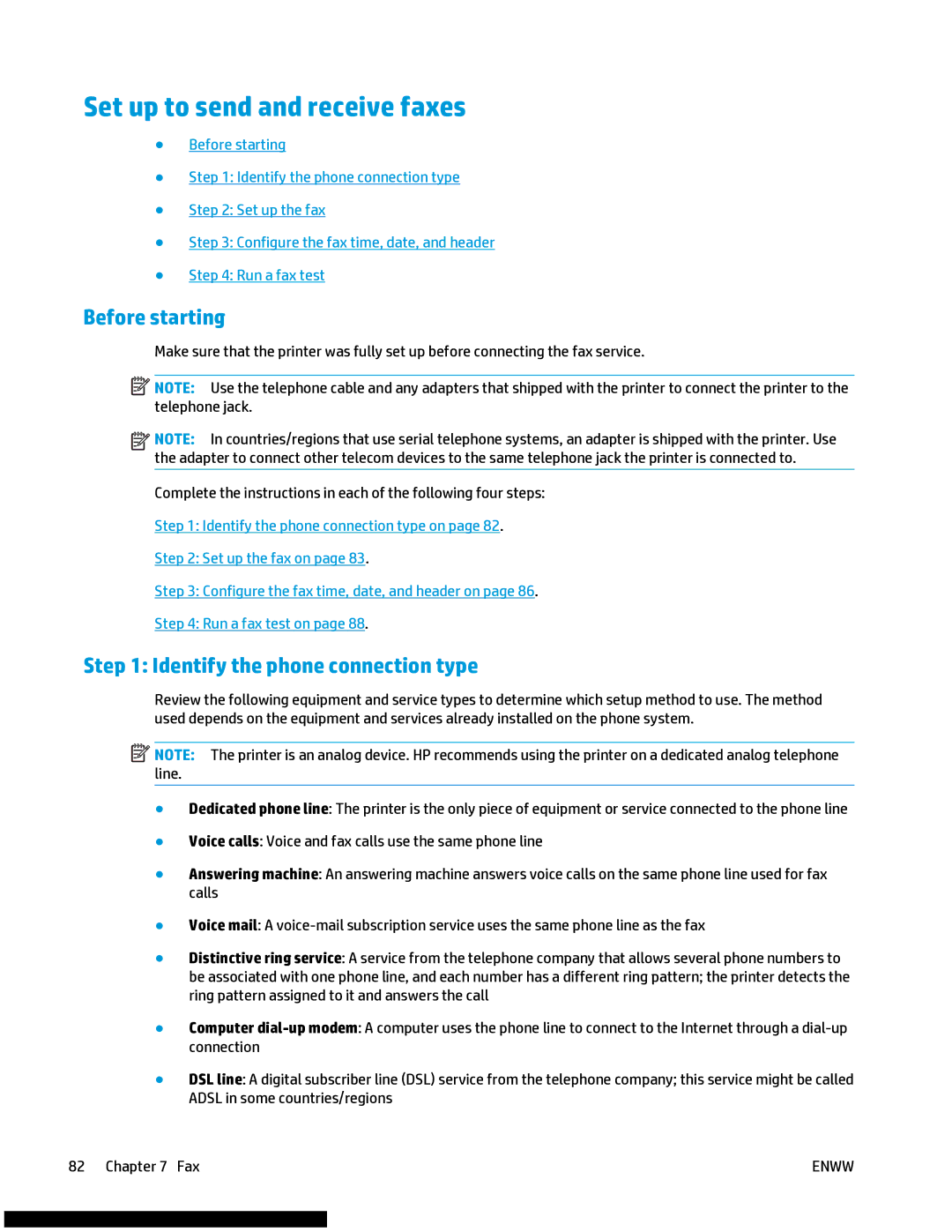 HP M477fnw manual Set up to send and receive faxes, Before starting, Identify the phone connection type 