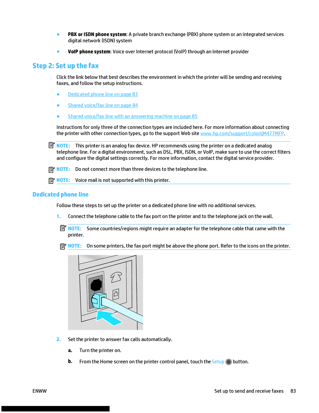 HP M477fnw manual Set up the fax, Dedicated phone line 