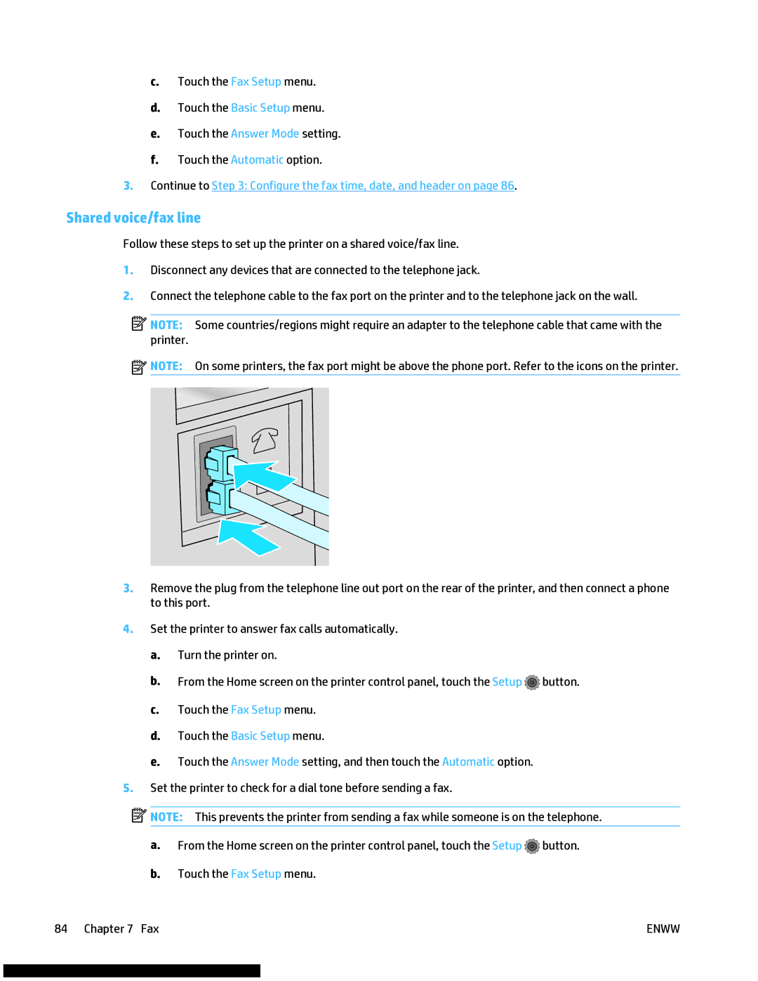 HP M477fnw manual Shared voice/fax line, Continue to Configure the fax time, date, and header on 