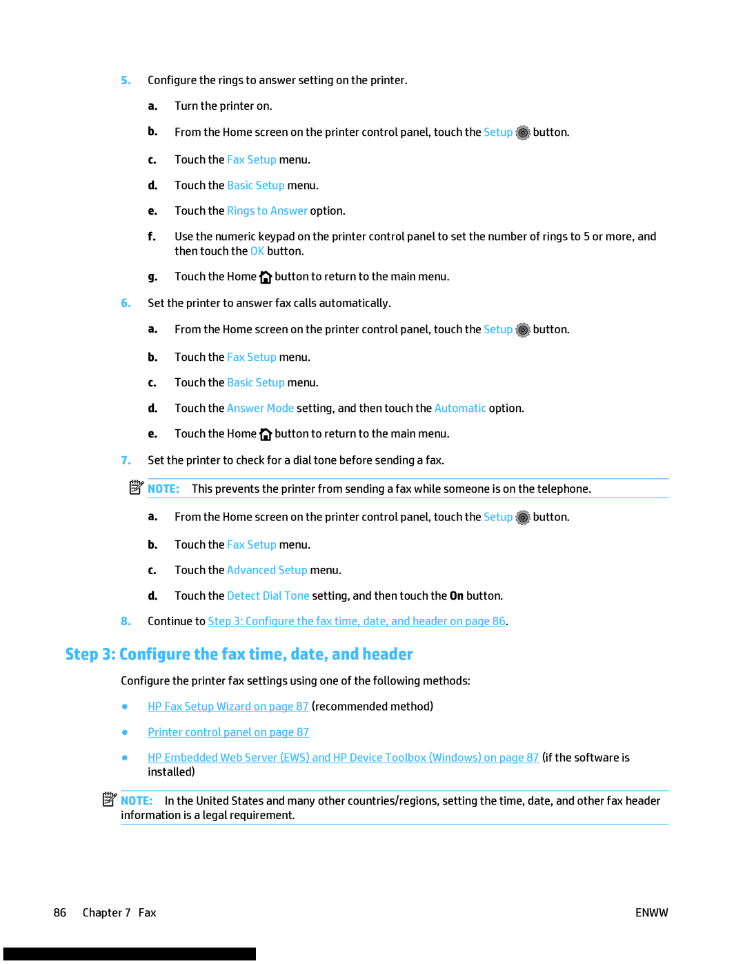 HP M477fnw manual Configure the fax time, date, and header 