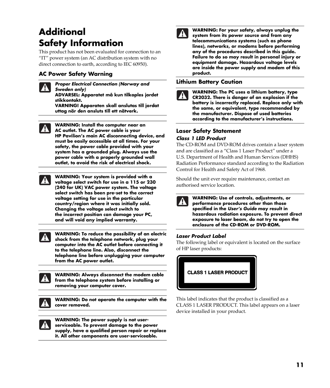 HP m487.uk, m477.uk Additional Safety Information, AC Power Safety Warning, Lithium Battery Caution Laser Safety Statement 