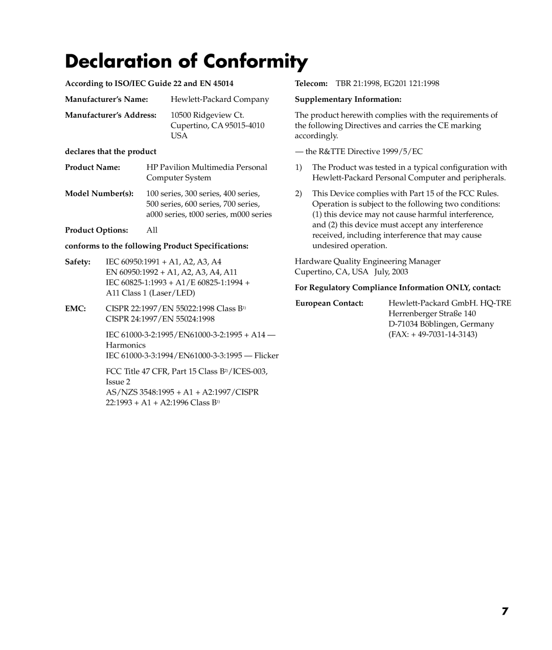 HP m487.uk manual Declaration of Conformity, Supplementary Information, For Regulatory Compliance Information ONLY, contact 