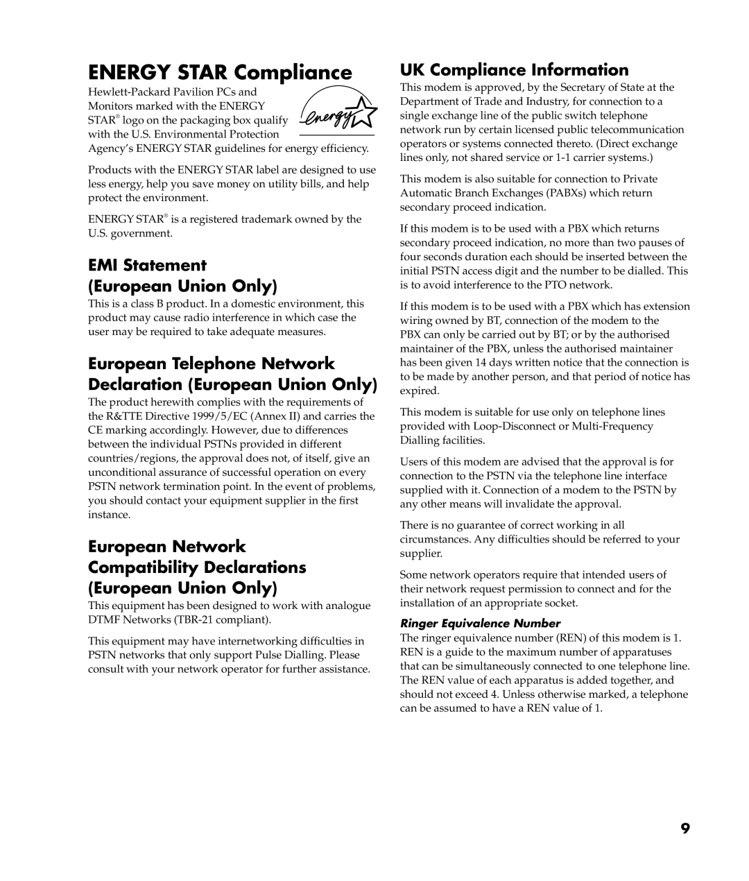 HP m380.uk, m477.uk, m370.uk, m487.uk manual Energy Star Compliance, Ringer Equivalence Number 