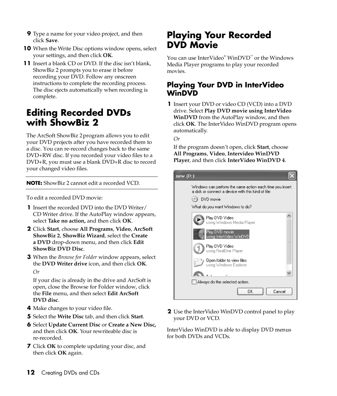 HP m577.uk Editing Recorded DVDs with ShowBiz, Playing Your Recorded DVD Movie, Playing Your DVD in InterVideo WinDVD 