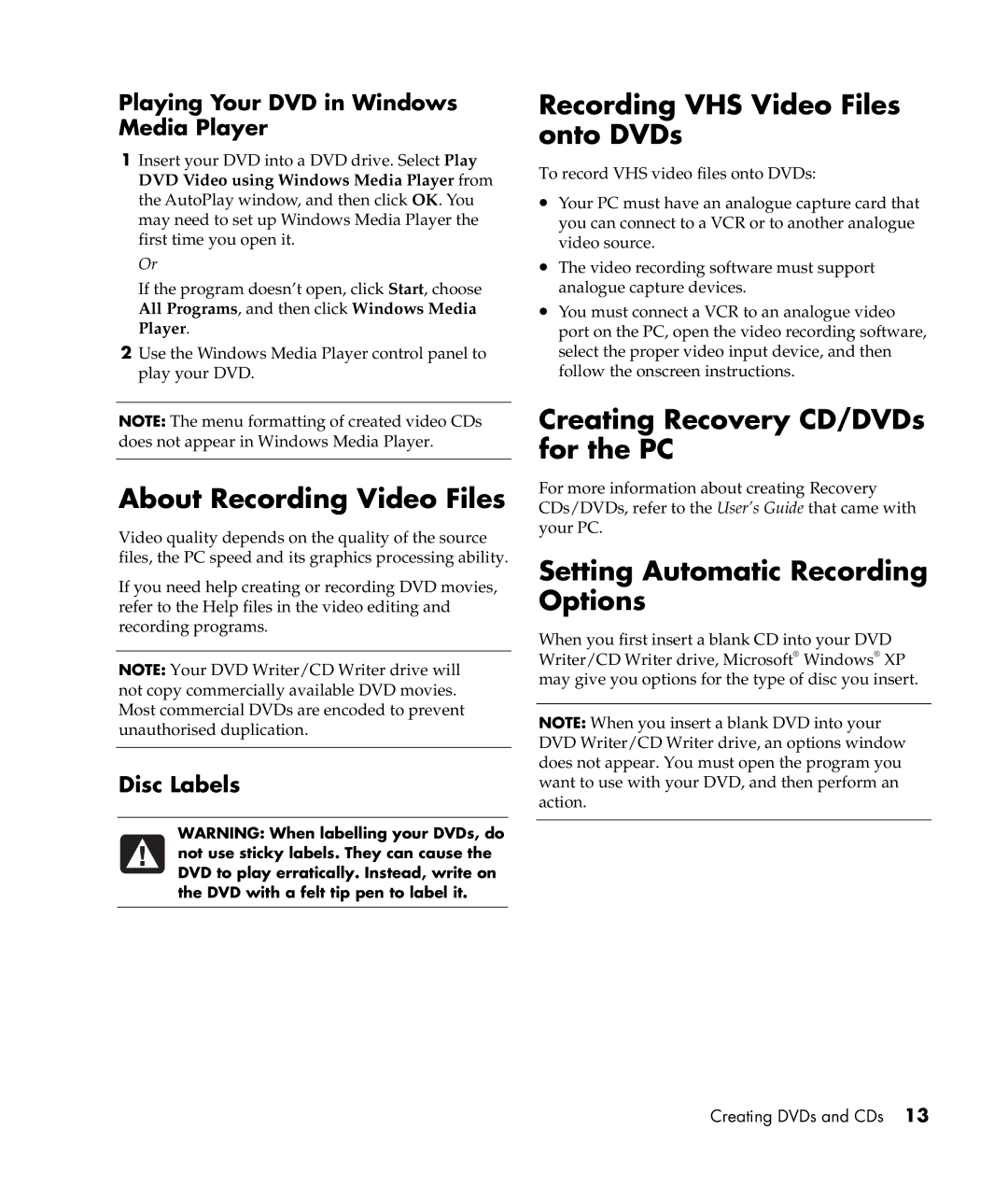 HP m487.uk, m477.uk About Recording Video Files, Recording VHS Video Files onto DVDs, Creating Recovery CD/DVDs for the PC 