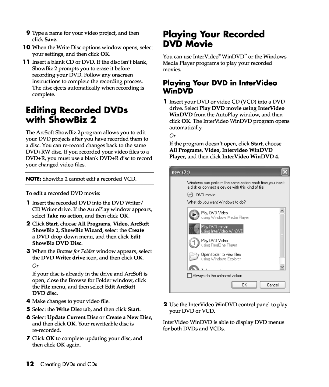 HP m577.uk Editing Recorded DVDs with ShowBiz, Playing Your Recorded DVD Movie, Playing Your DVD in InterVideo WinDVD 