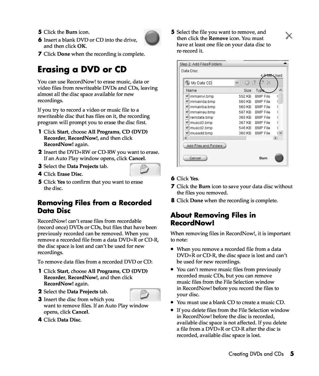 HP m477.uk, m577.uk manual Erasing a DVD or CD, Removing Files from a Recorded Data Disc, Click Erase Disc, Click Data Disc 