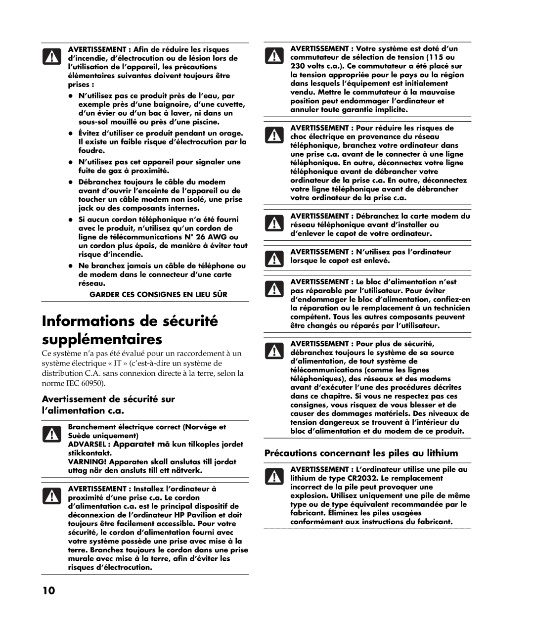 HP m487.fr, m380.fr, m370.fr Informations de sécurité supplémentaires, Avertissement de sécurité sur l’alimentation c.a 