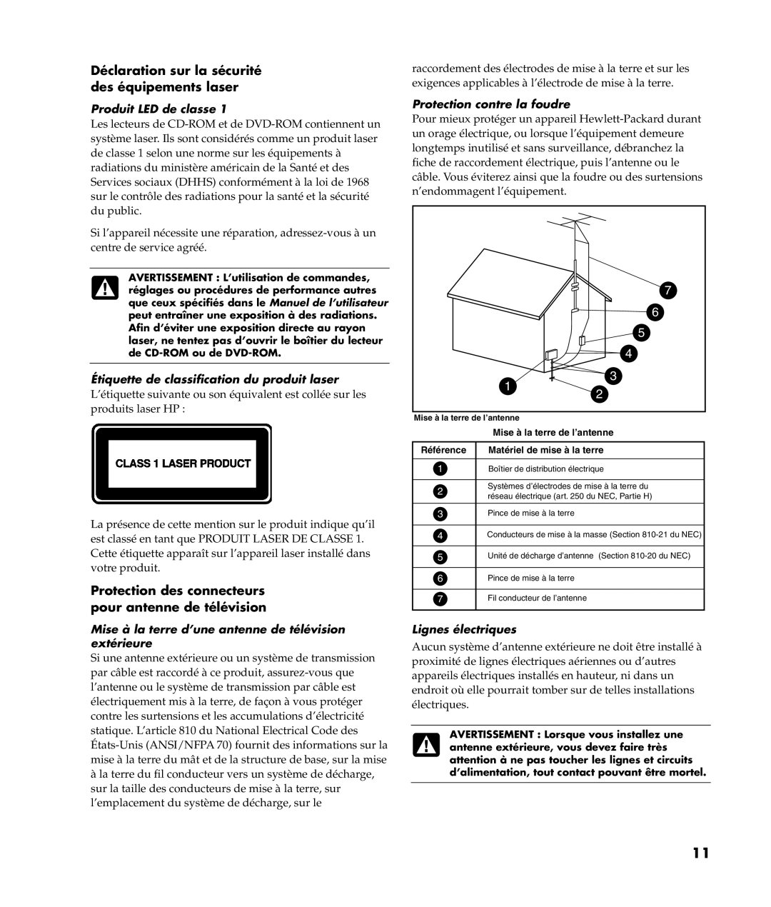 HP m380.fr manual Déclaration sur la sécurité des équipements laser, Protection des connecteurs pour antenne de télévision 