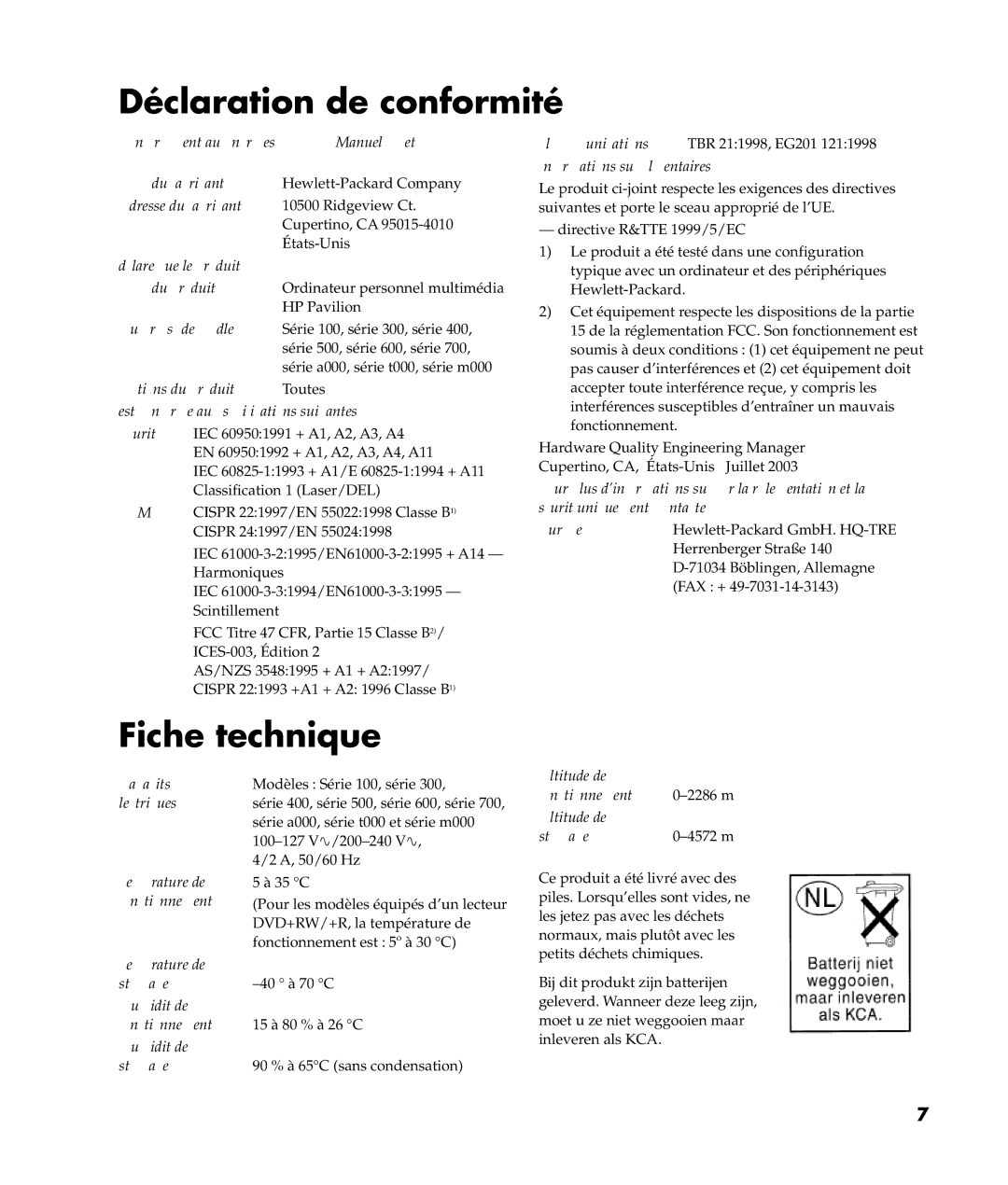 HP m370.fr, m487.fr, m380.fr, m477.fr, m497.fr manual Déclaration de conformité, Fiche technique 