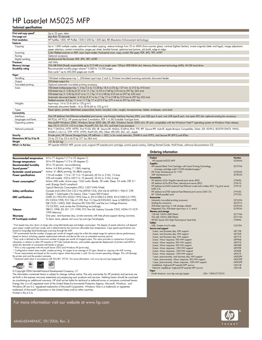 HP M5025 MFP manual 4AA0-6844ENUC, 09/2006, Rev 