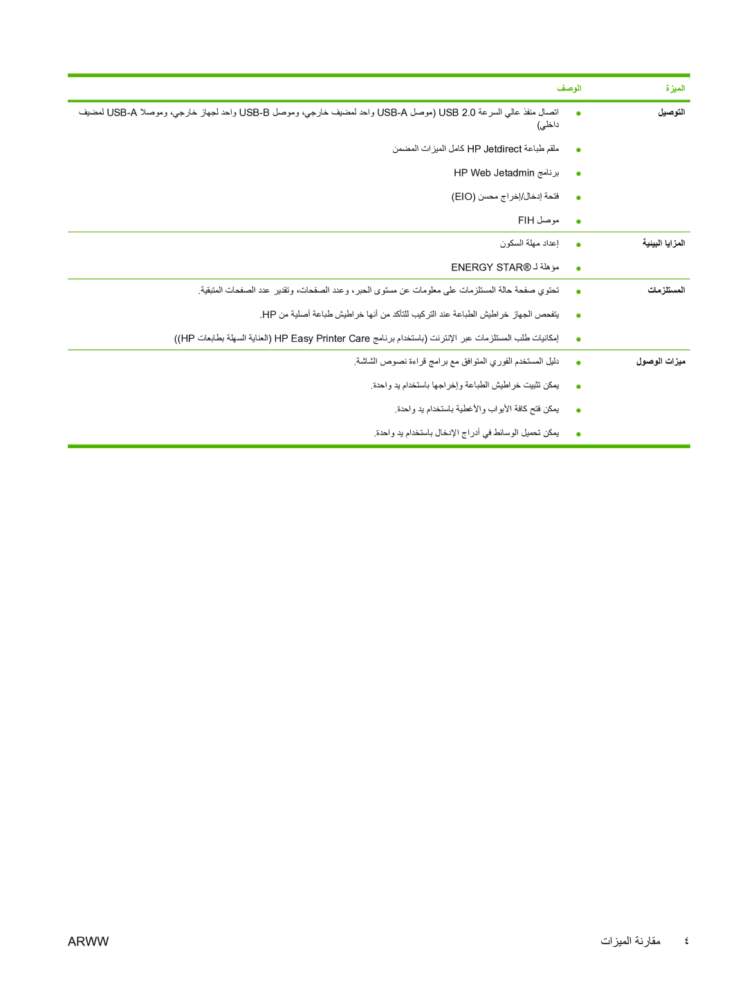 HP M5025 manual ﻞﻴﺻﻮﺘﻟا, ﺔﻴﺌﻴﺒﻟا ﺎﻳاﺰﻤﻟا, تﺎﻣﺰﻠﺘﺴﻤﻟا, لﻮﺻﻮﻟا تاﺰﻴﻣ 