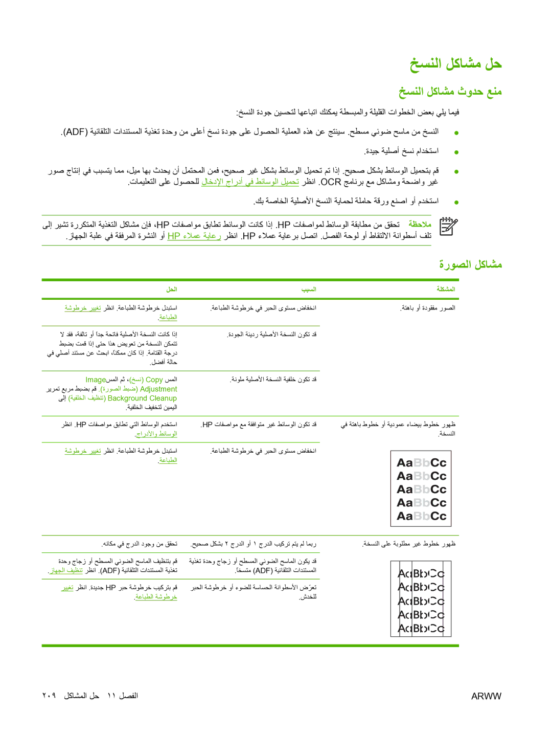 HP M5025 manual ﺦﺴﻨﻟا ﻞآﺎﺸﻣ ﻞﺣ, ﺦﺴﻨﻟا ﻞآﺎﺸﻣ ثوﺪﺣ ﻊﻨﻣ, ةرﻮﺼﻟا ﻞآﺎﺸﻣ, ﻞﺤﻟا ﺐﺒﺴﻟا ﺔﻠﻜﺸﻤﻟا 