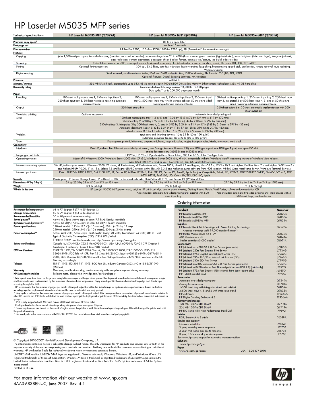 HP M5035xs manual 4AA0-6838ENUC, June 2007, Rev, Features Copying 