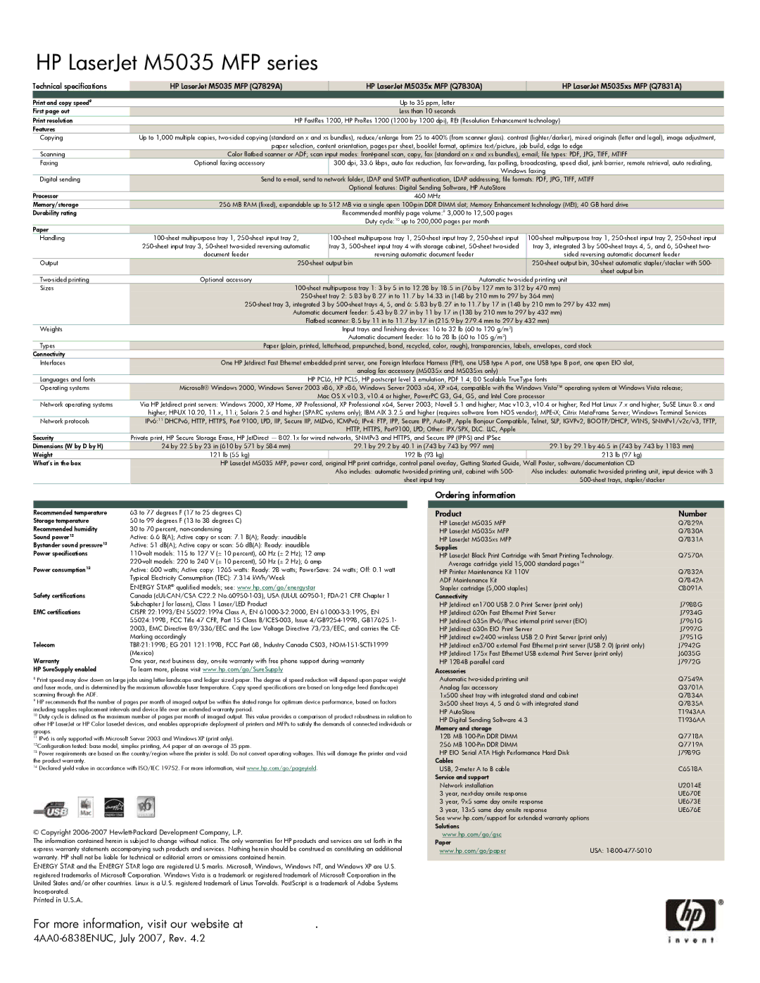 HP M5035xs MFP, M5035x MFP manual 4AA0-6838ENUC, July 2007, Rev, Features Copying 