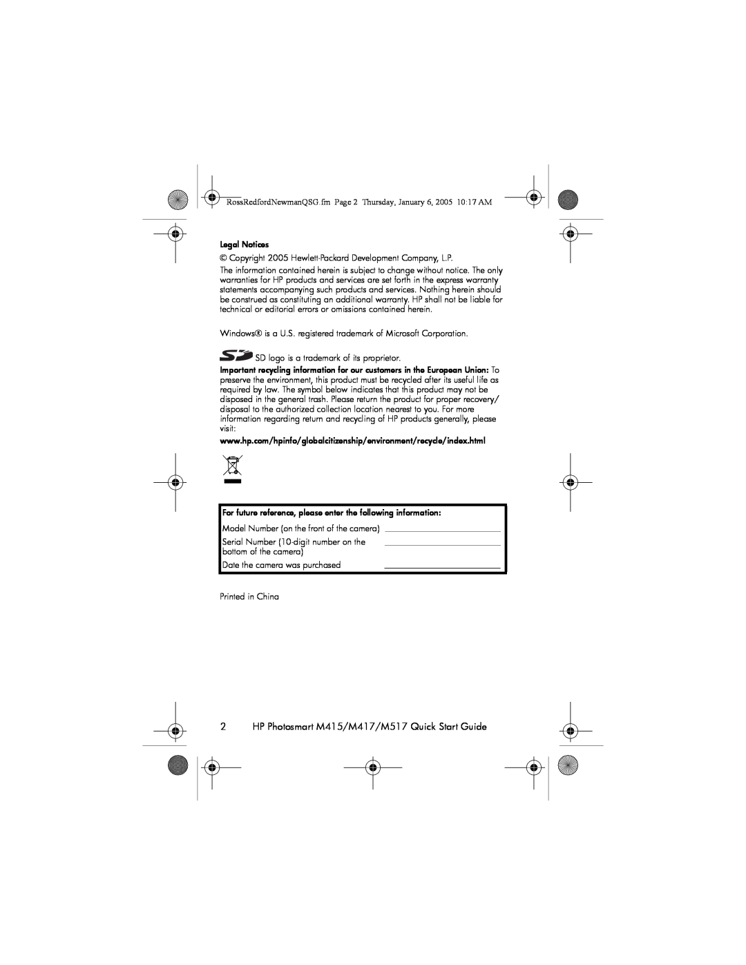 HP HP Photosmart M415/M417/M517 Quick Start Guide, RossRedfordNewmanQSG.fm Page 2 Thursday, January 6, 2005 1017 AM 