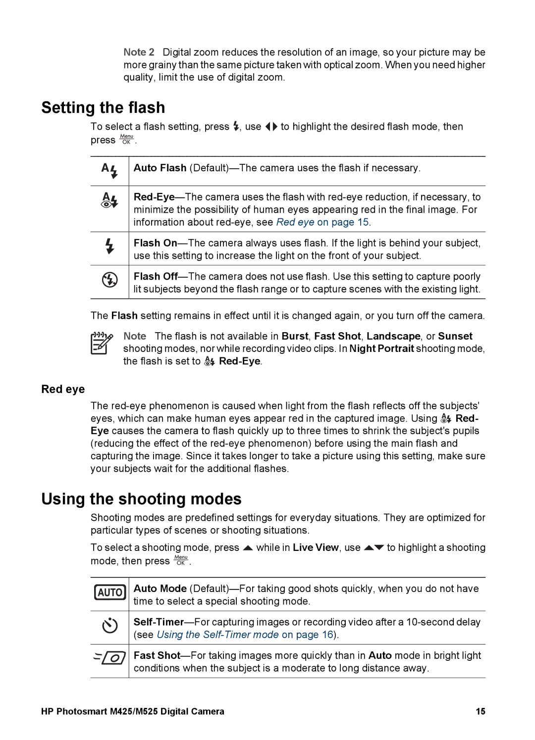 HP M425, M525 manual Setting the flash, Using the shooting modes, Red eye 