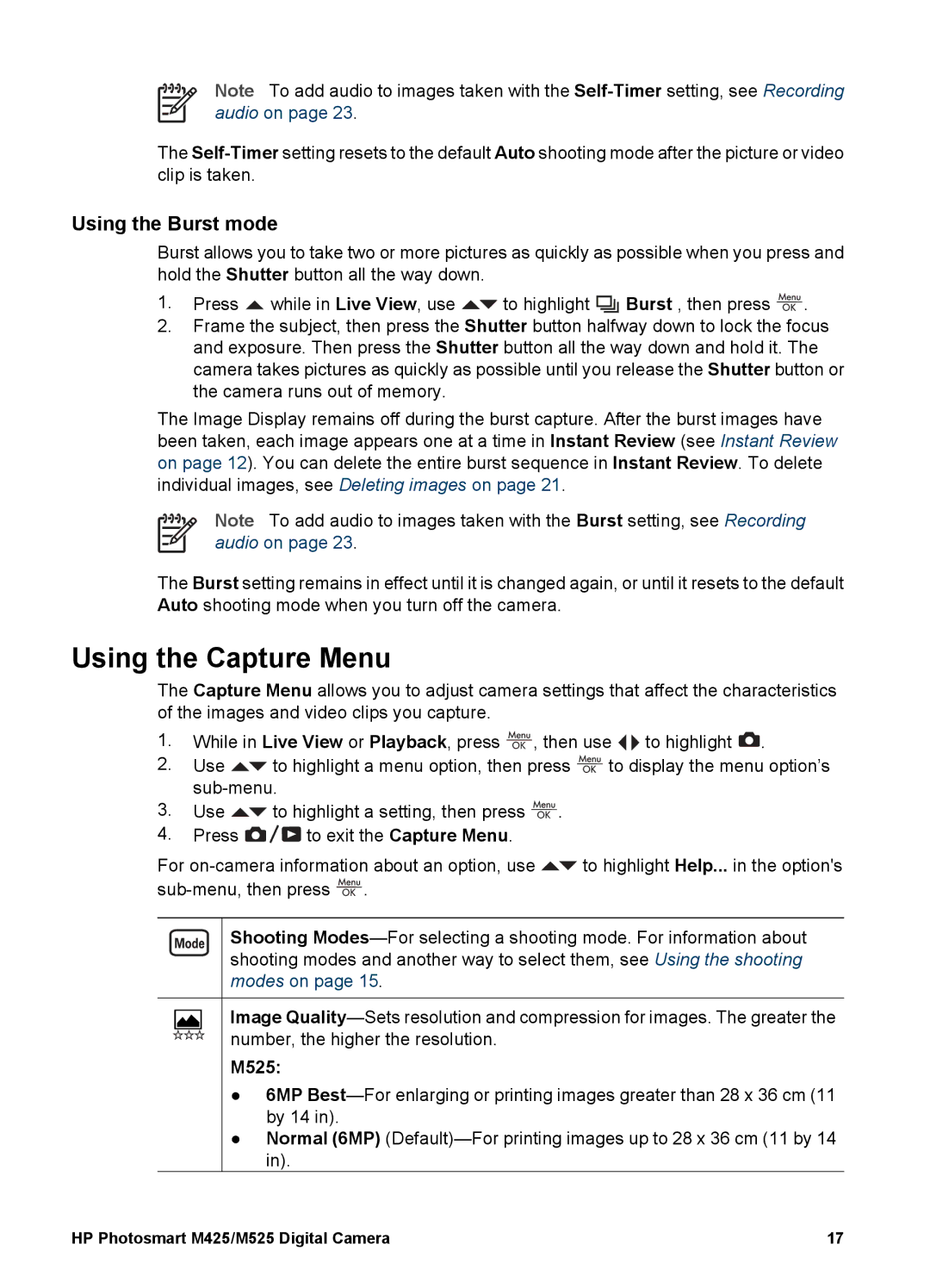 HP M425 manual Using the Capture Menu, Using the Burst mode, M525 