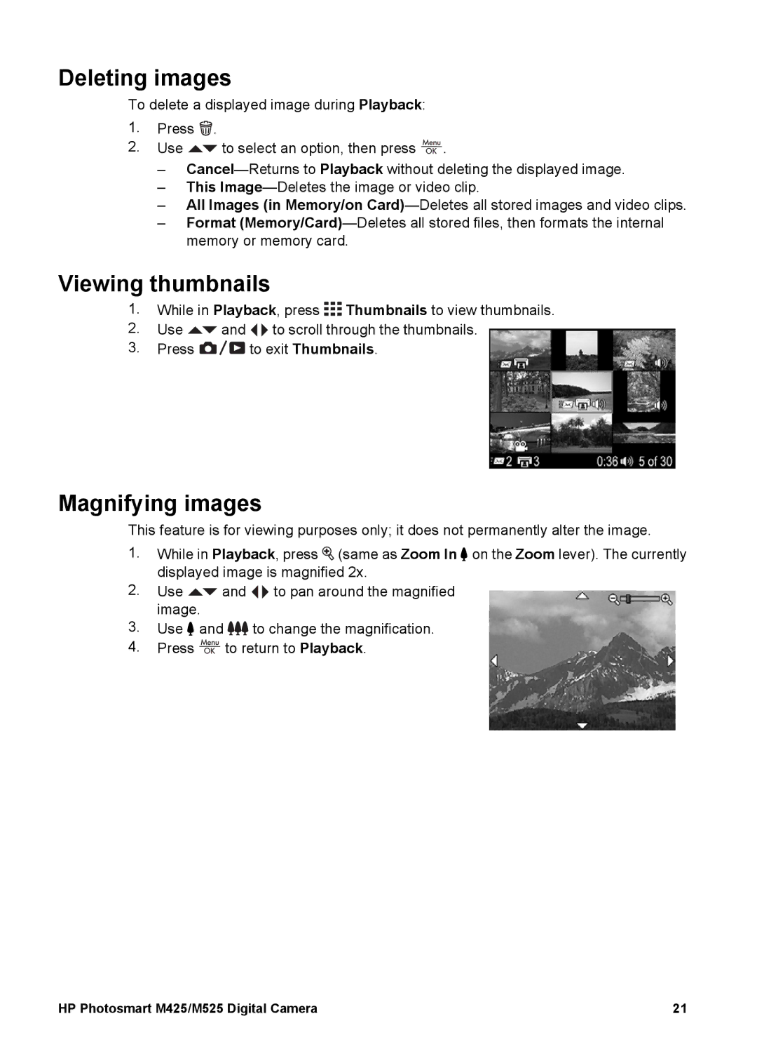 HP M425, M525 manual Deleting images, Viewing thumbnails, Magnifying images 
