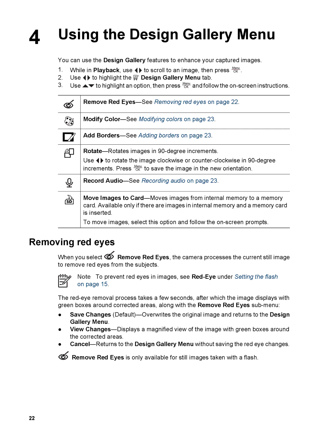 HP M525, M425 manual Using the Design Gallery Menu, Removing red eyes 