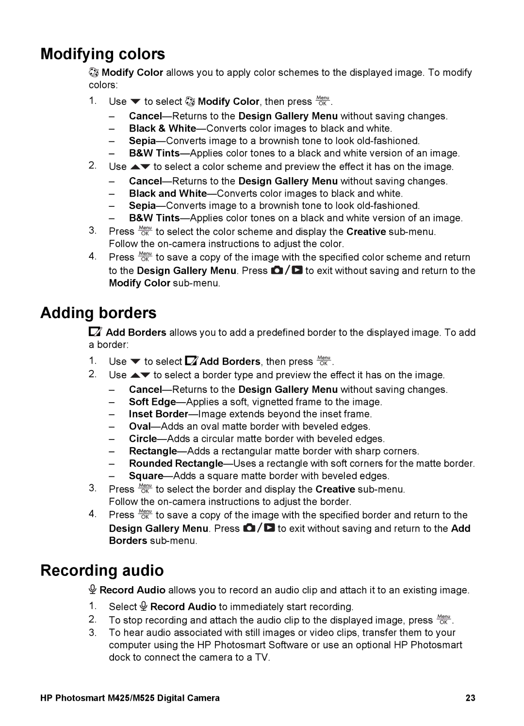 HP M425, M525 manual Modifying colors, Adding borders, Recording audio 
