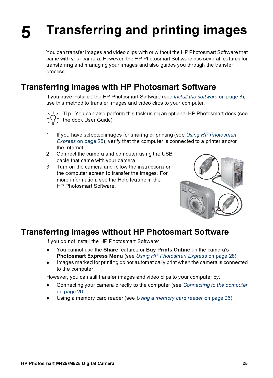 HP M425, M525 manual Transferring and printing images, Transferring images with HP Photosmart Software 