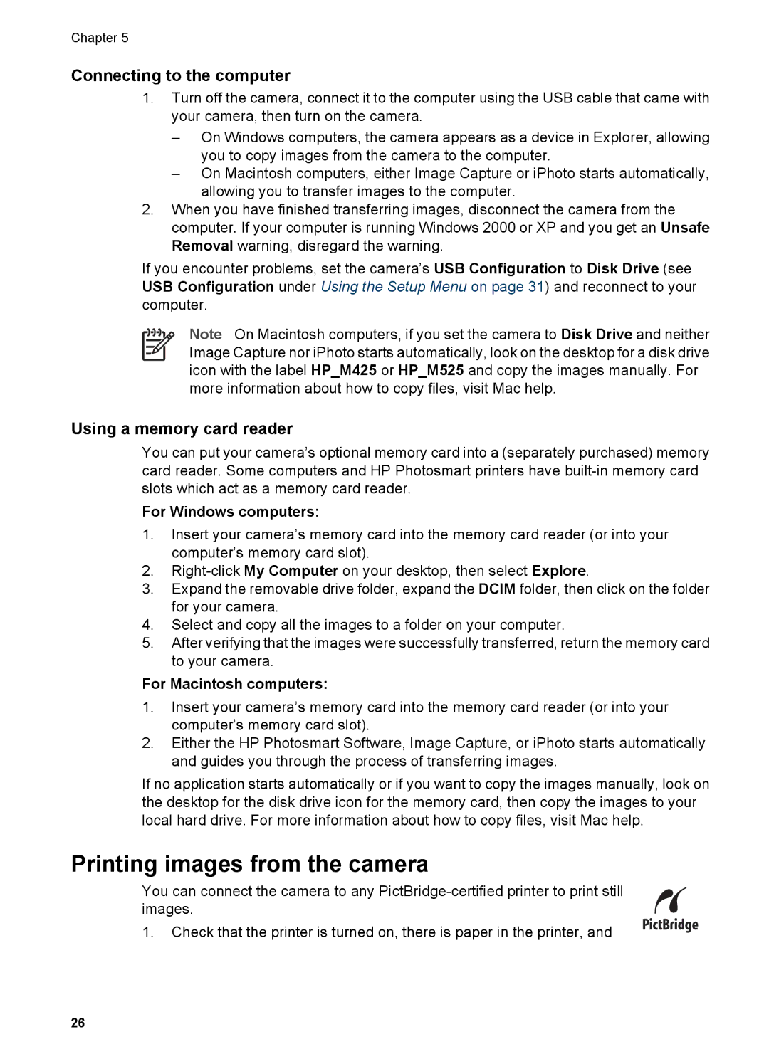 HP M525 Printing images from the camera, Connecting to the computer, Using a memory card reader, For Windows computers 