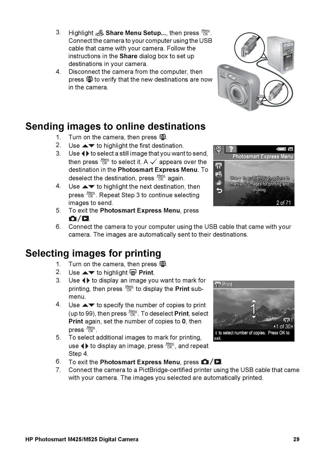 HP M425 Sending images to online destinations, Selecting images for printing, To exit the Photosmart Express Menu, press 