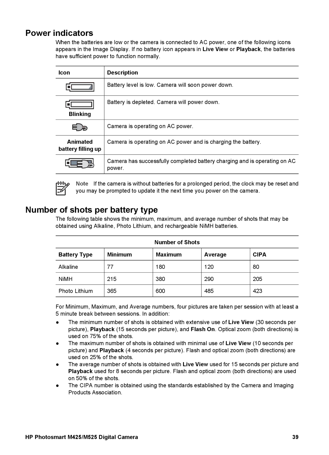 HP M425, M525 manual Power indicators, Number of shots per battery type 