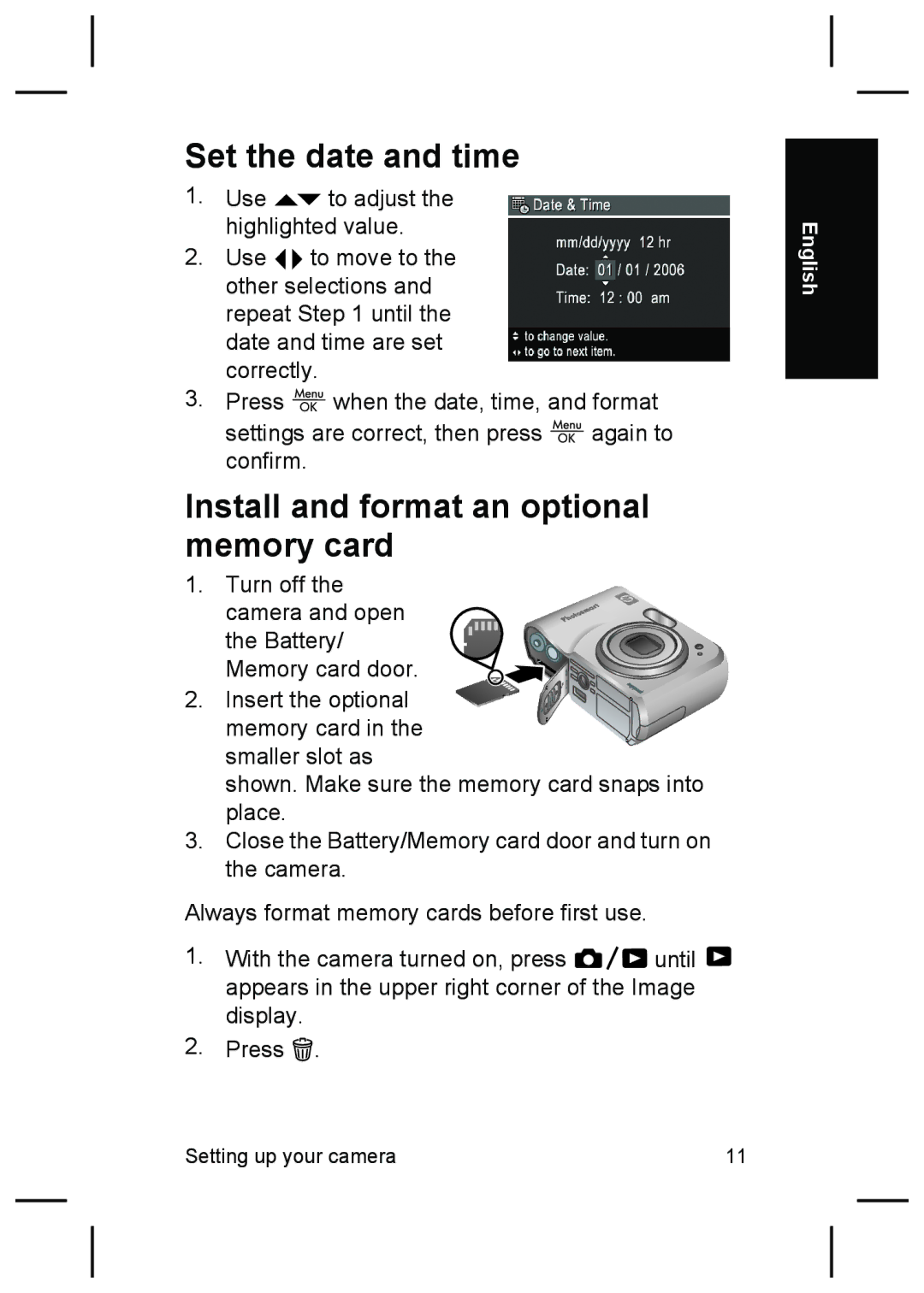 HP M425, M525 manual Set the date and time, Install and format an optional memory card 