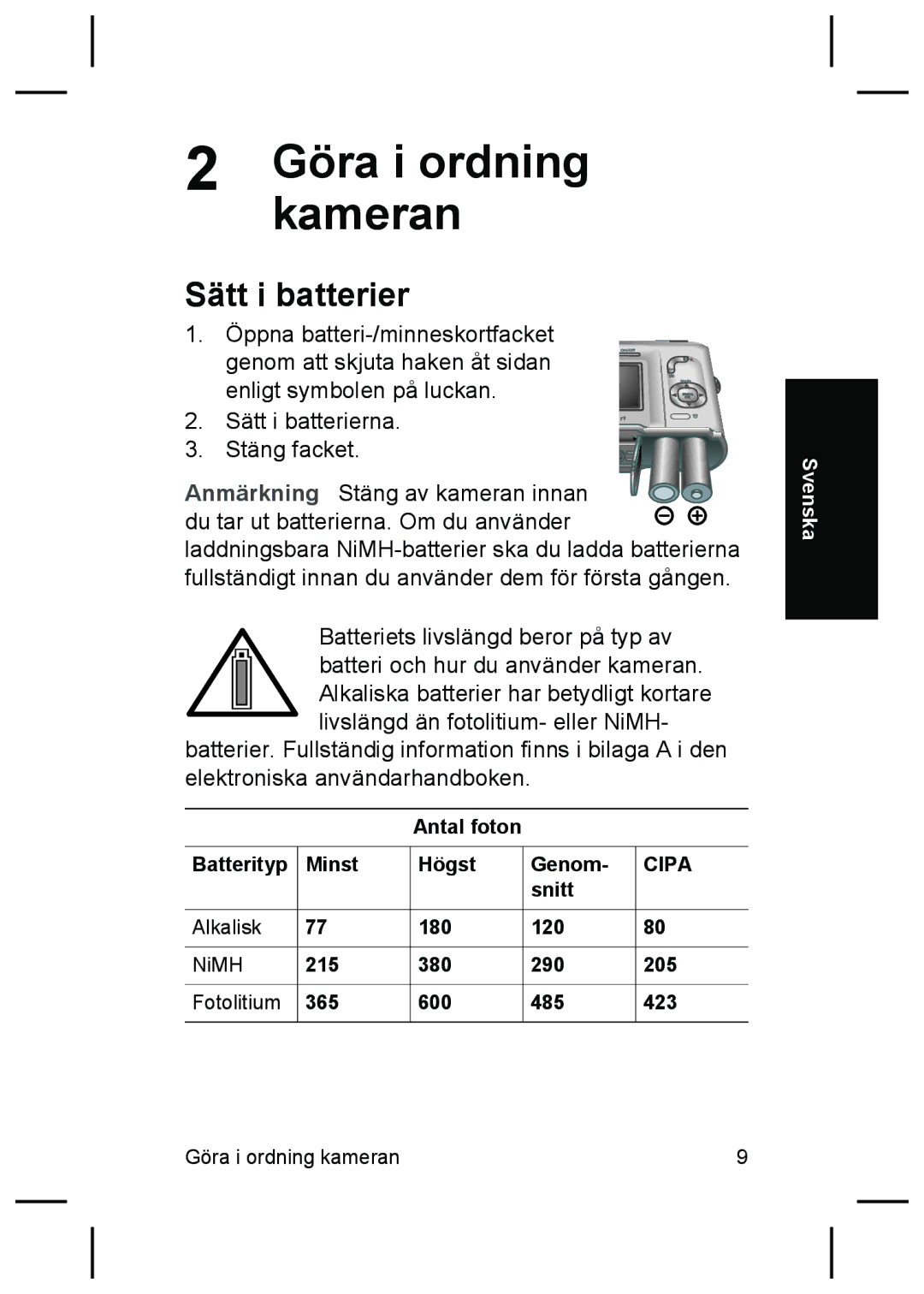 HP M425, M525 manual Kameran, Sätt i batterier, Batterityp Minst Högst Genom 