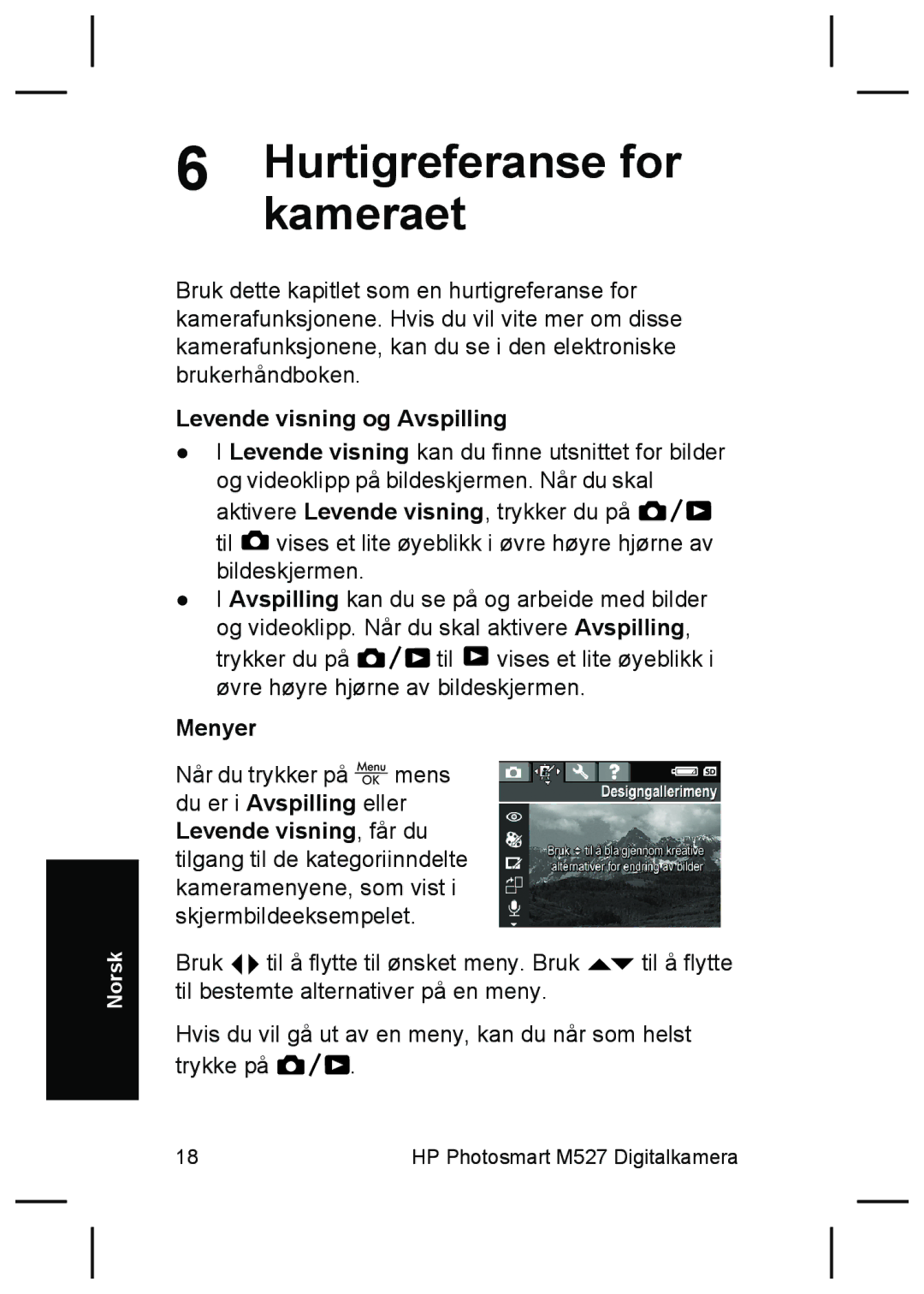 HP M525, M425 manual Hurtigreferansekameraet for, Levende visning og Avspilling 